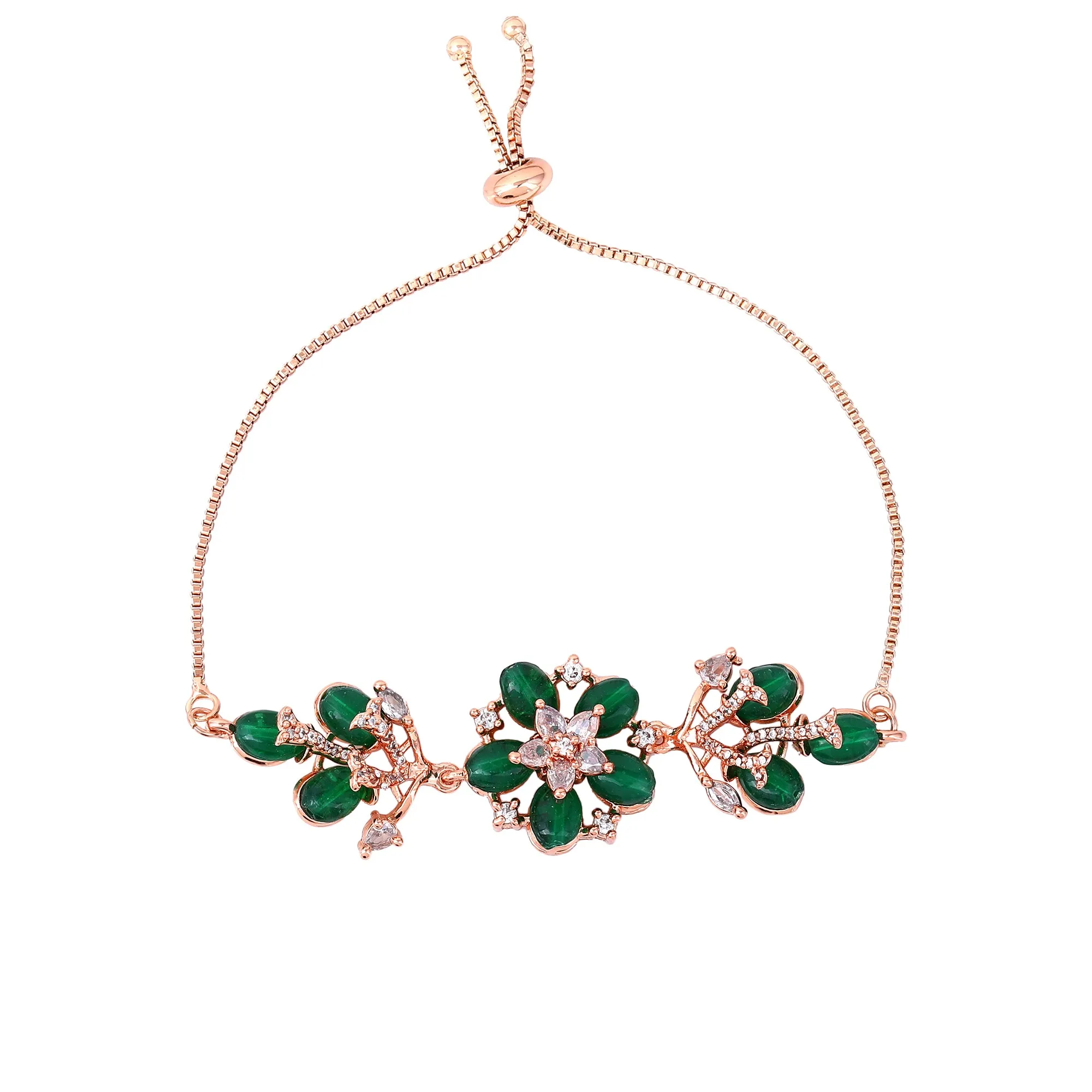 Estele Rosegold Plated Flower-Inspired Green Beaded Adjustable Varya Bracelet|An Elegant Wristwear for Fashionable Women