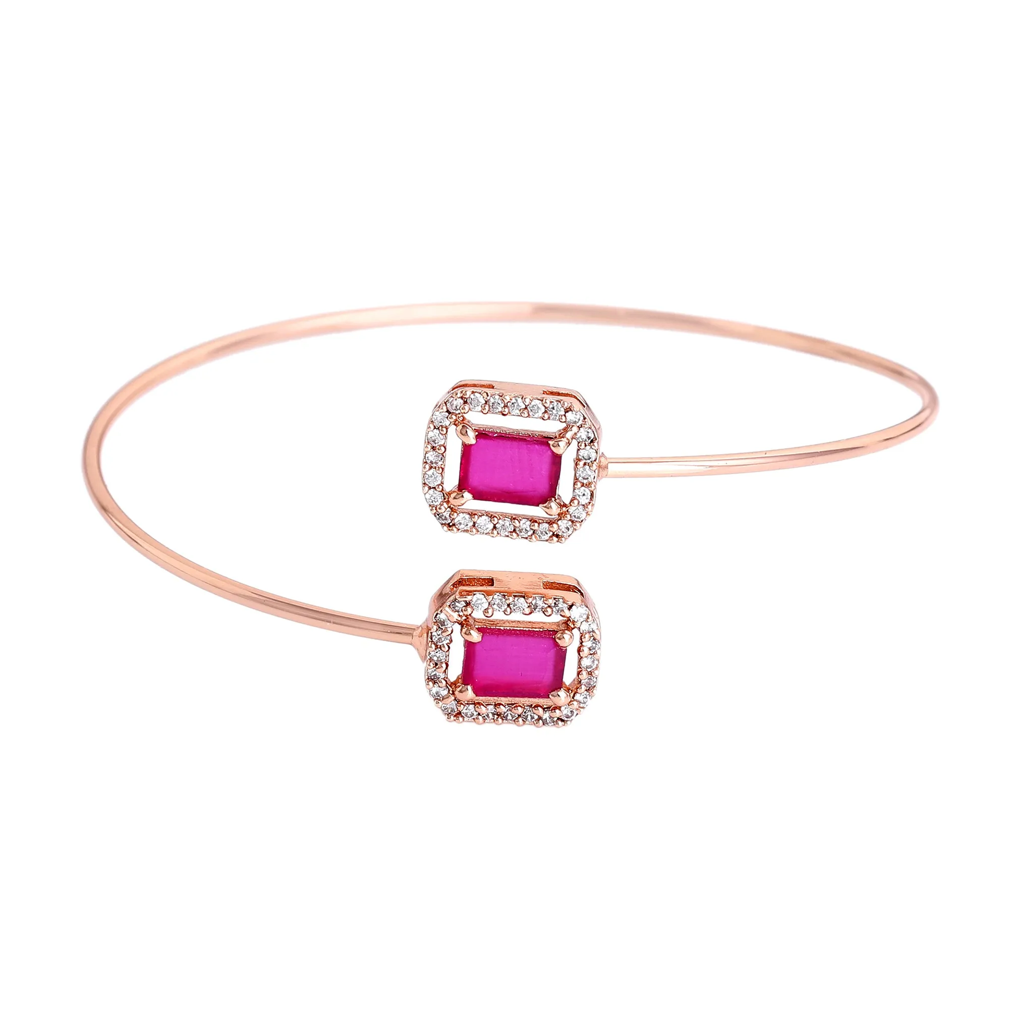 Estele Rosegold Plated Luxurious Square Designer Lightweight Cuff Kada Bracelet with Ruby American Diamonds for Women
