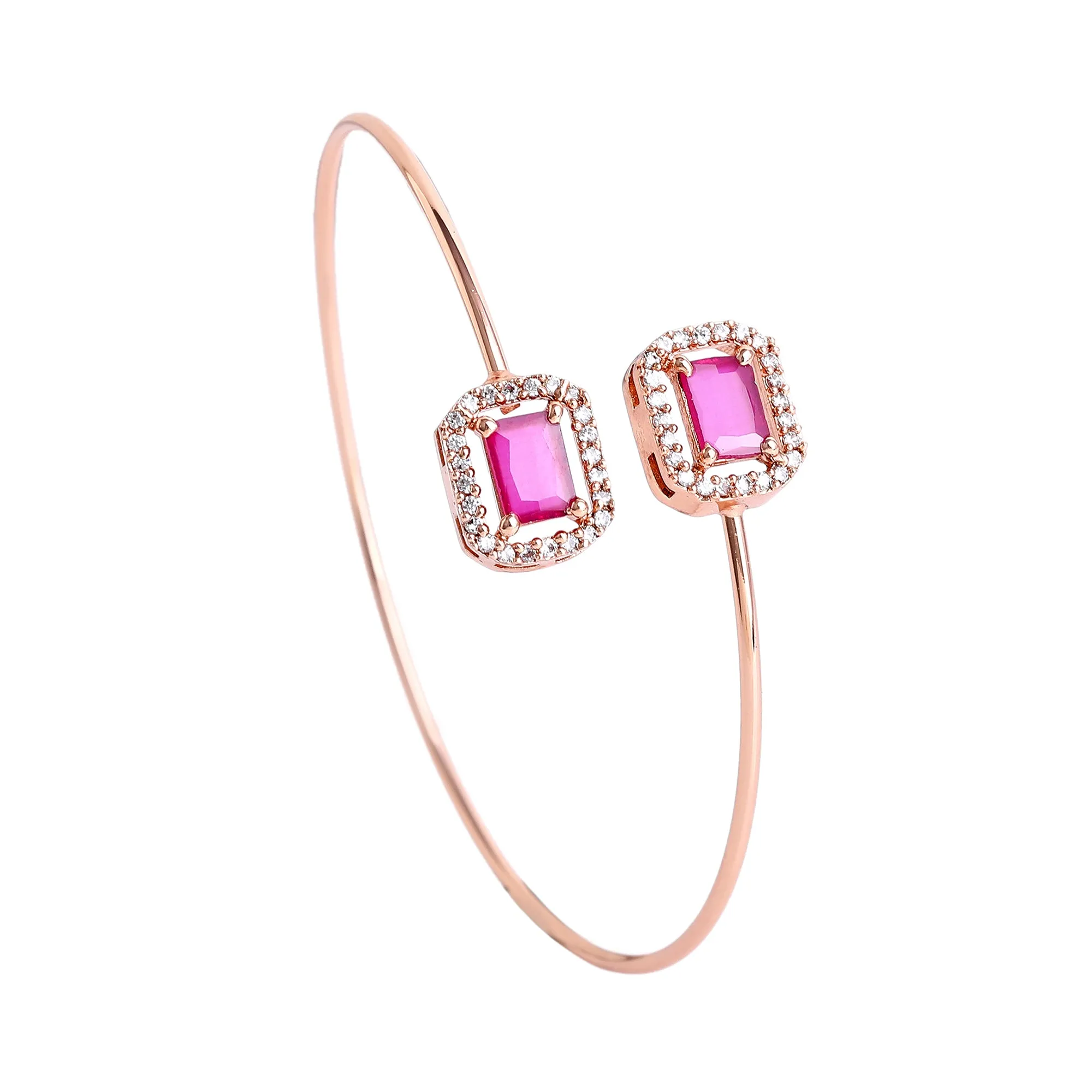Estele Rosegold Plated Luxurious Square Designer Lightweight Cuff Kada Bracelet with Ruby American Diamonds for Women