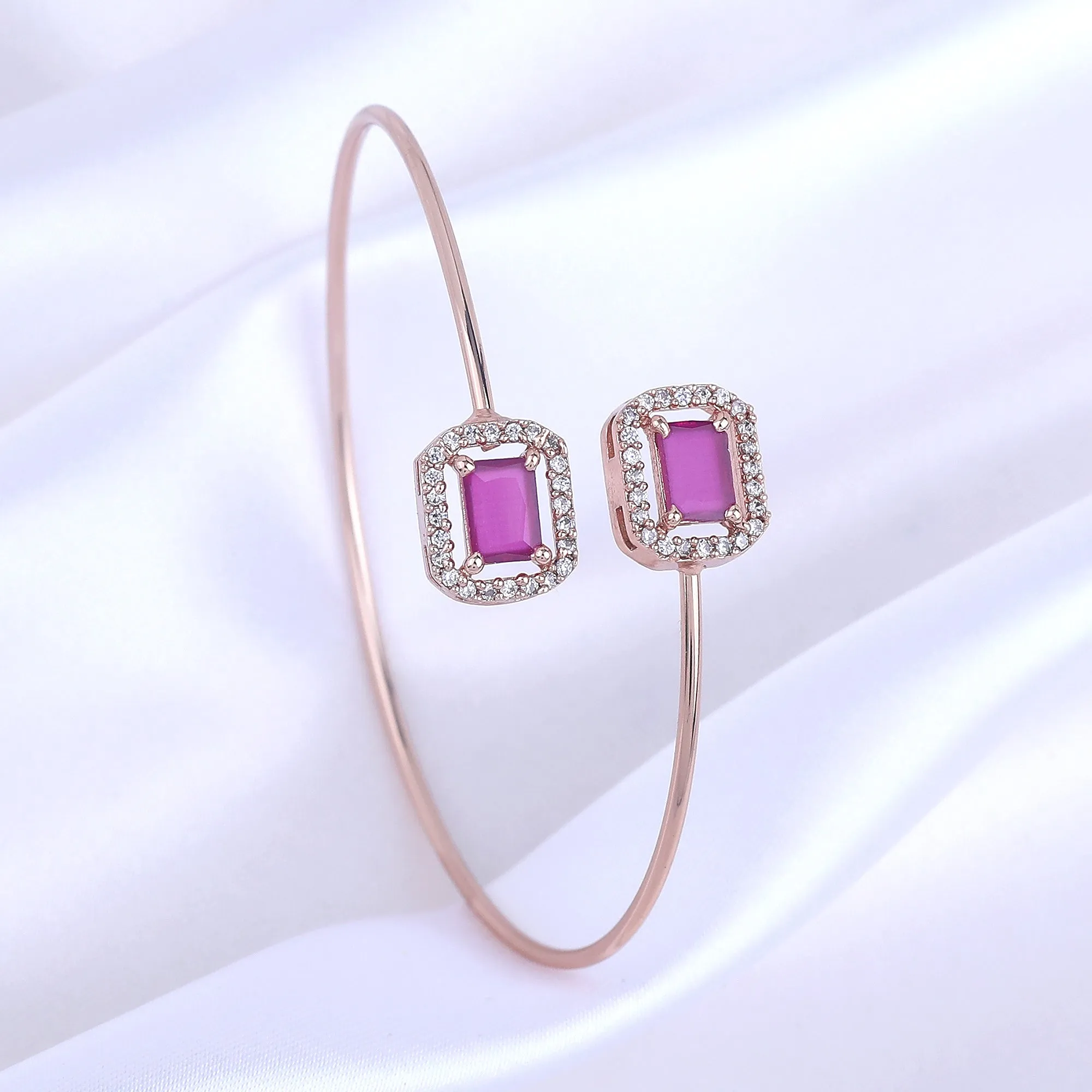 Estele Rosegold Plated Luxurious Square Designer Lightweight Cuff Kada Bracelet with Ruby American Diamonds for Women