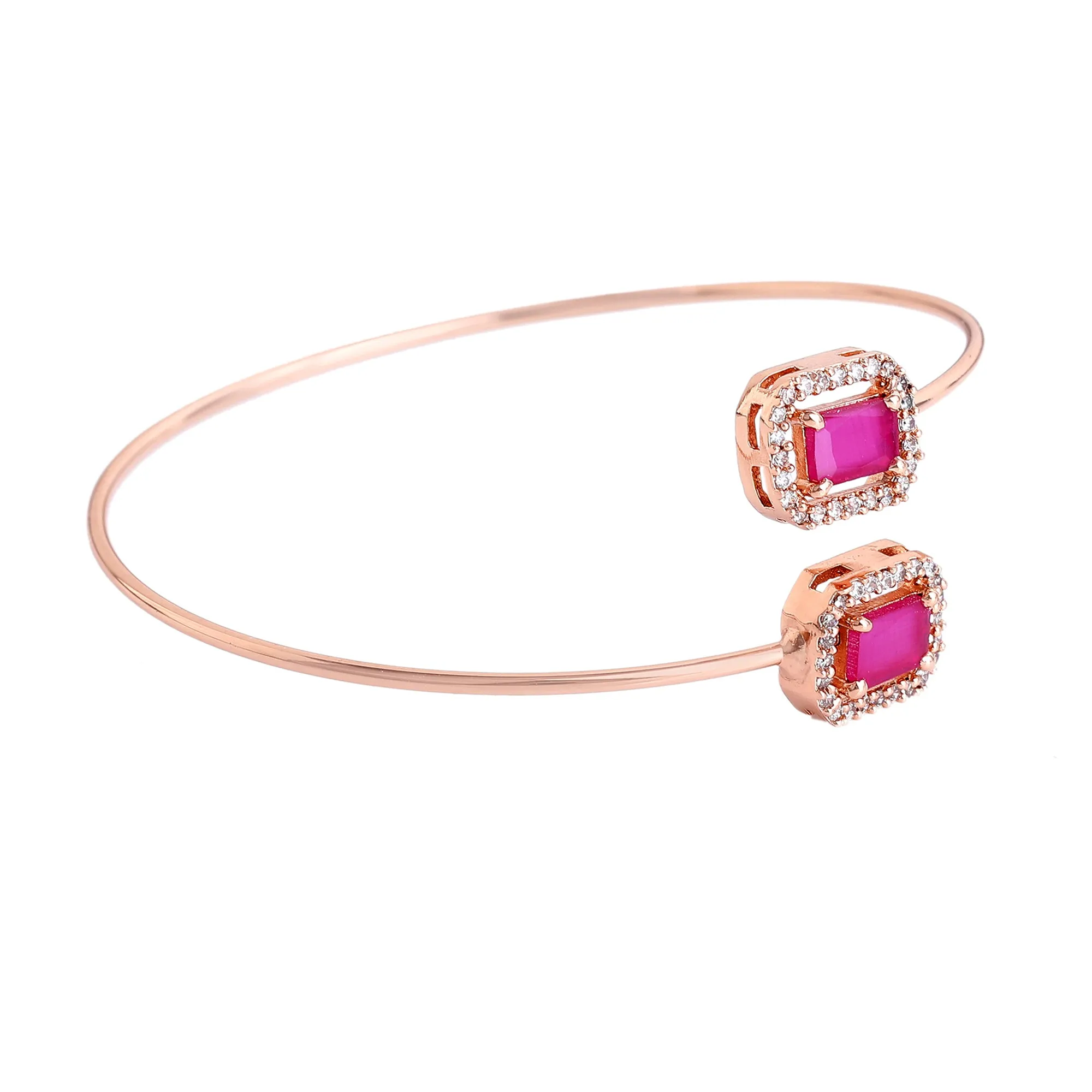 Estele Rosegold Plated Luxurious Square Designer Lightweight Cuff Kada Bracelet with Ruby American Diamonds for Women