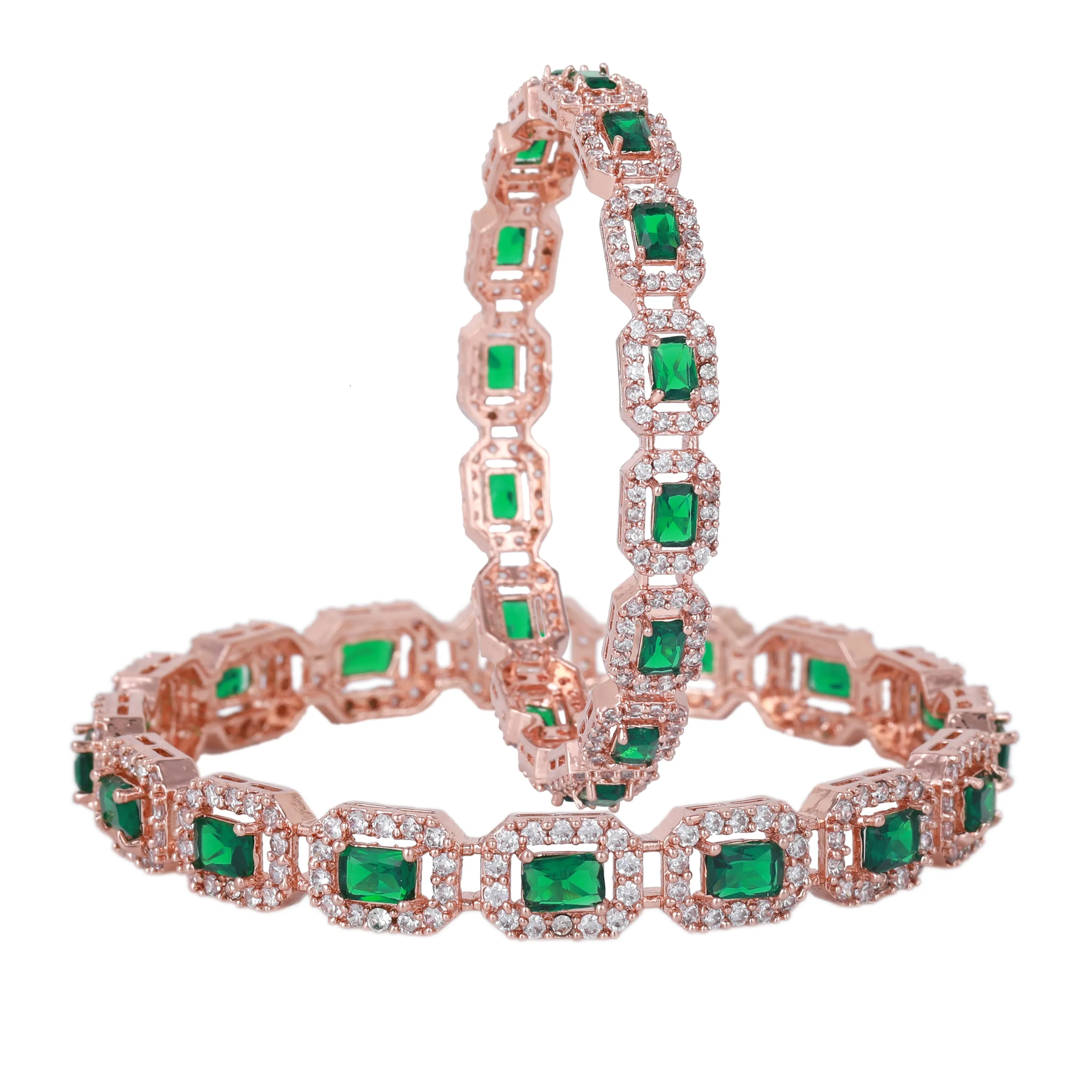 Estele Rosegold Plated Marvelous Green American Diamond Bangles | Available Sizes 2:4, 2:6, & 2:8| A Unique Statement of Style & Grace
