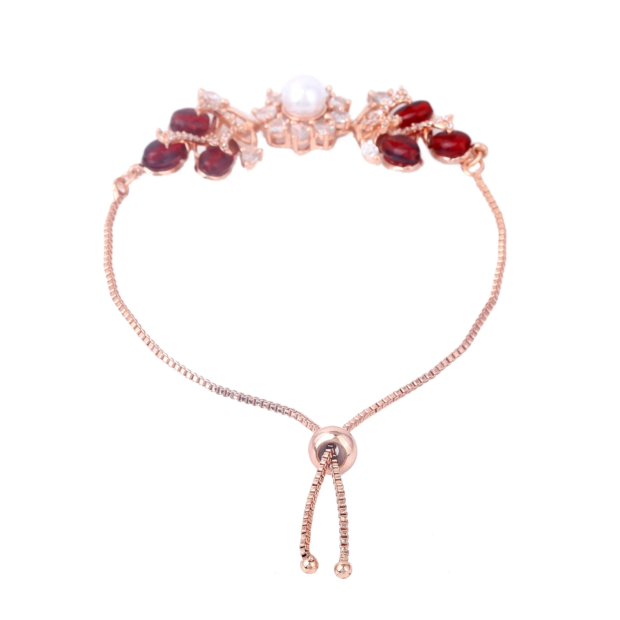 Estele Rosegold Plated Nature-Inspired Leafy Bloom Varya Bracelet with Ruby Beads for Women|A Stylish Accessory for Modern Women
