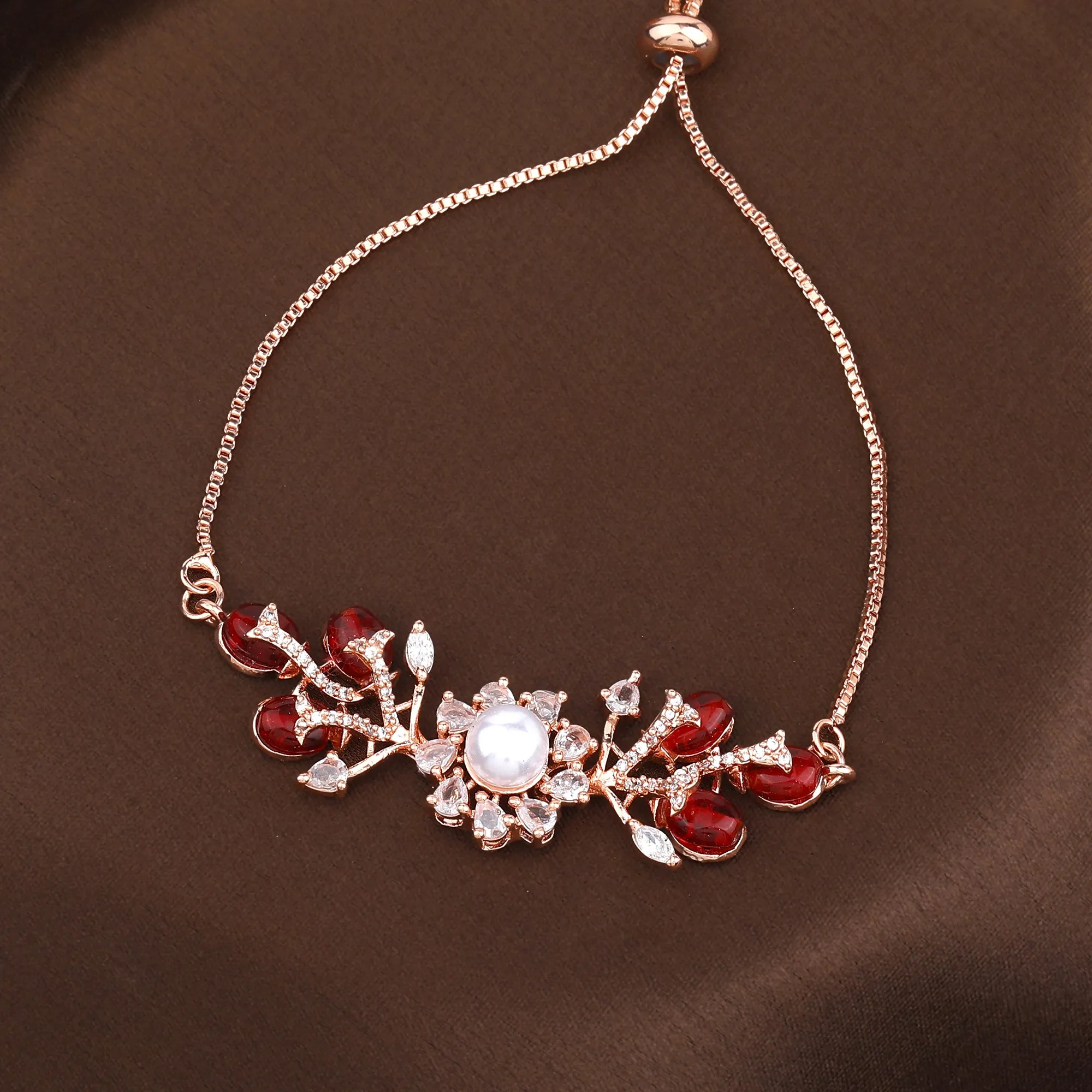 Estele Rosegold Plated Nature-Inspired Leafy Bloom Varya Bracelet with Ruby Beads for Women|A Stylish Accessory for Modern Women
