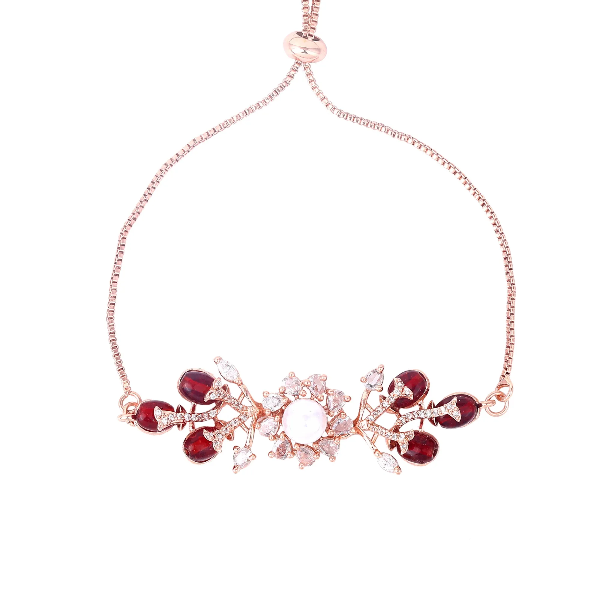 Estele Rosegold Plated Nature-Inspired Leafy Bloom Varya Bracelet with Ruby Beads for Women|A Stylish Accessory for Modern Women