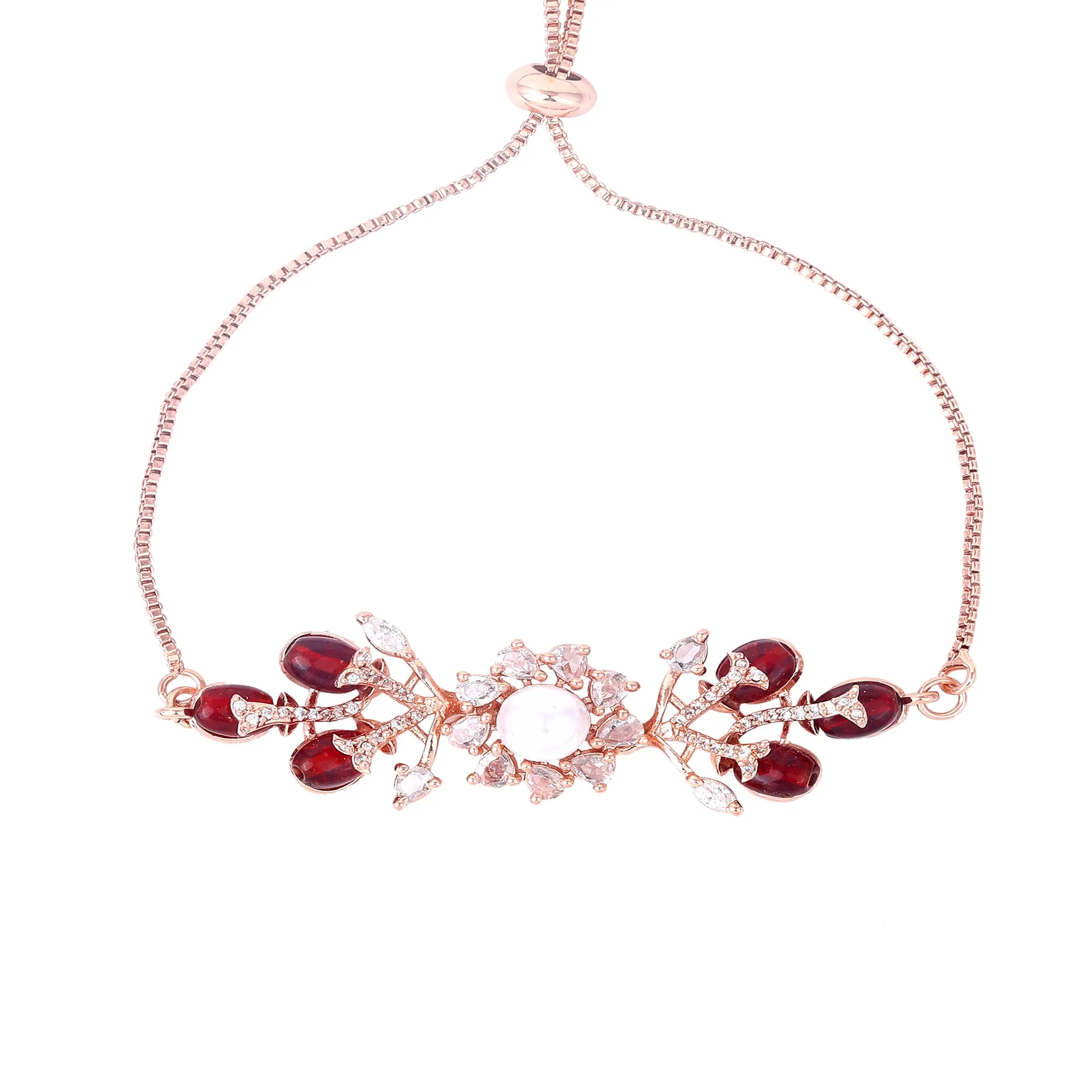 Estele Rosegold Plated Nature-Inspired Leafy Bloom Varya Bracelet with Ruby Beads for Women|A Stylish Accessory for Modern Women