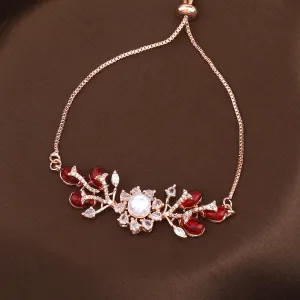 Estele Rosegold Plated Nature-Inspired Leafy Bloom Varya Bracelet with Ruby Beads for Women|A Stylish Accessory for Modern Women
