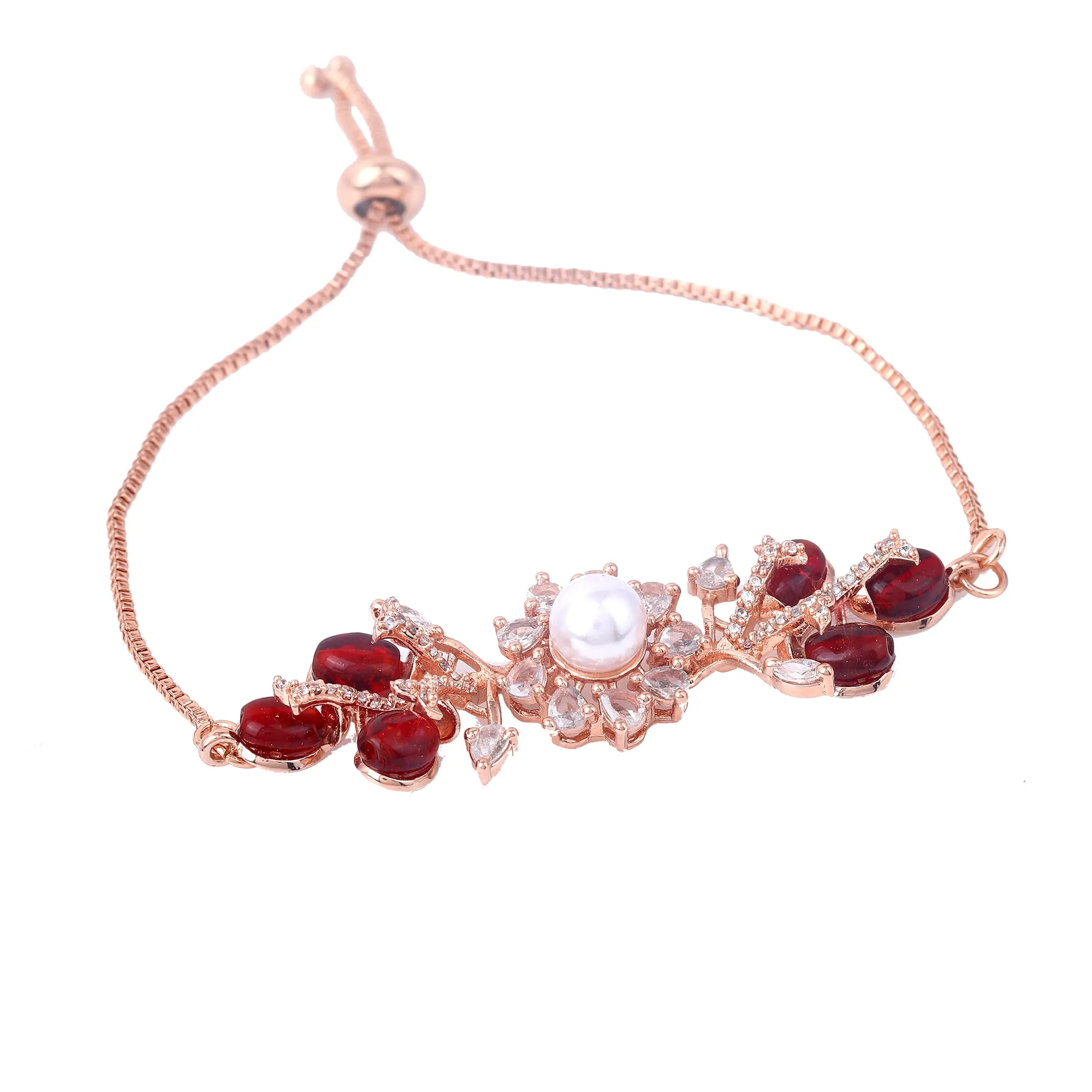Estele Rosegold Plated Nature-Inspired Leafy Bloom Varya Bracelet with Ruby Beads for Women|A Stylish Accessory for Modern Women