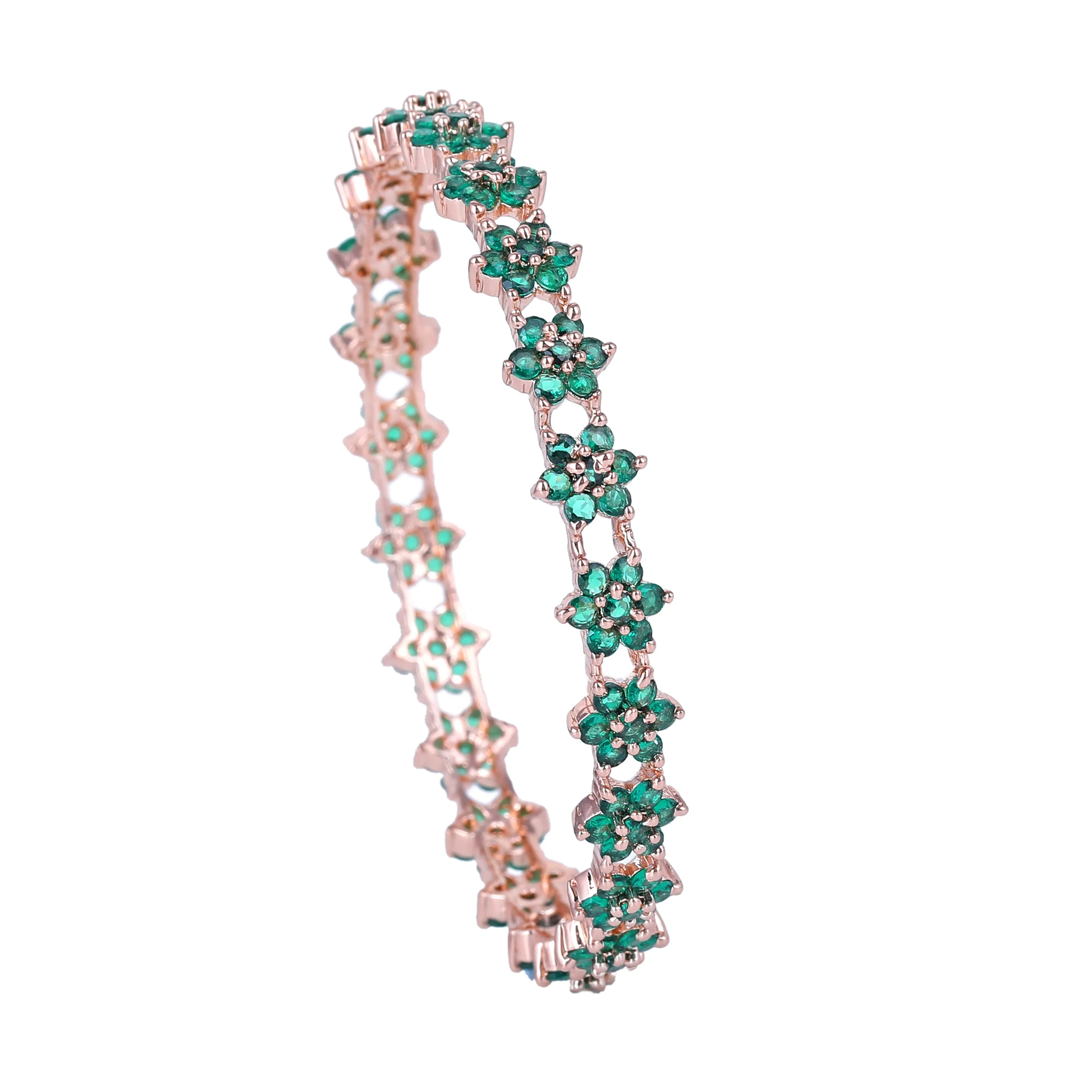 Estele Rosegold Plated Stunning Floral Motif Green American Diamond Bangles|Available in 2:4, 2:6, & 2:8 Sizes |A Sparkling Choice for Womens Classic Look