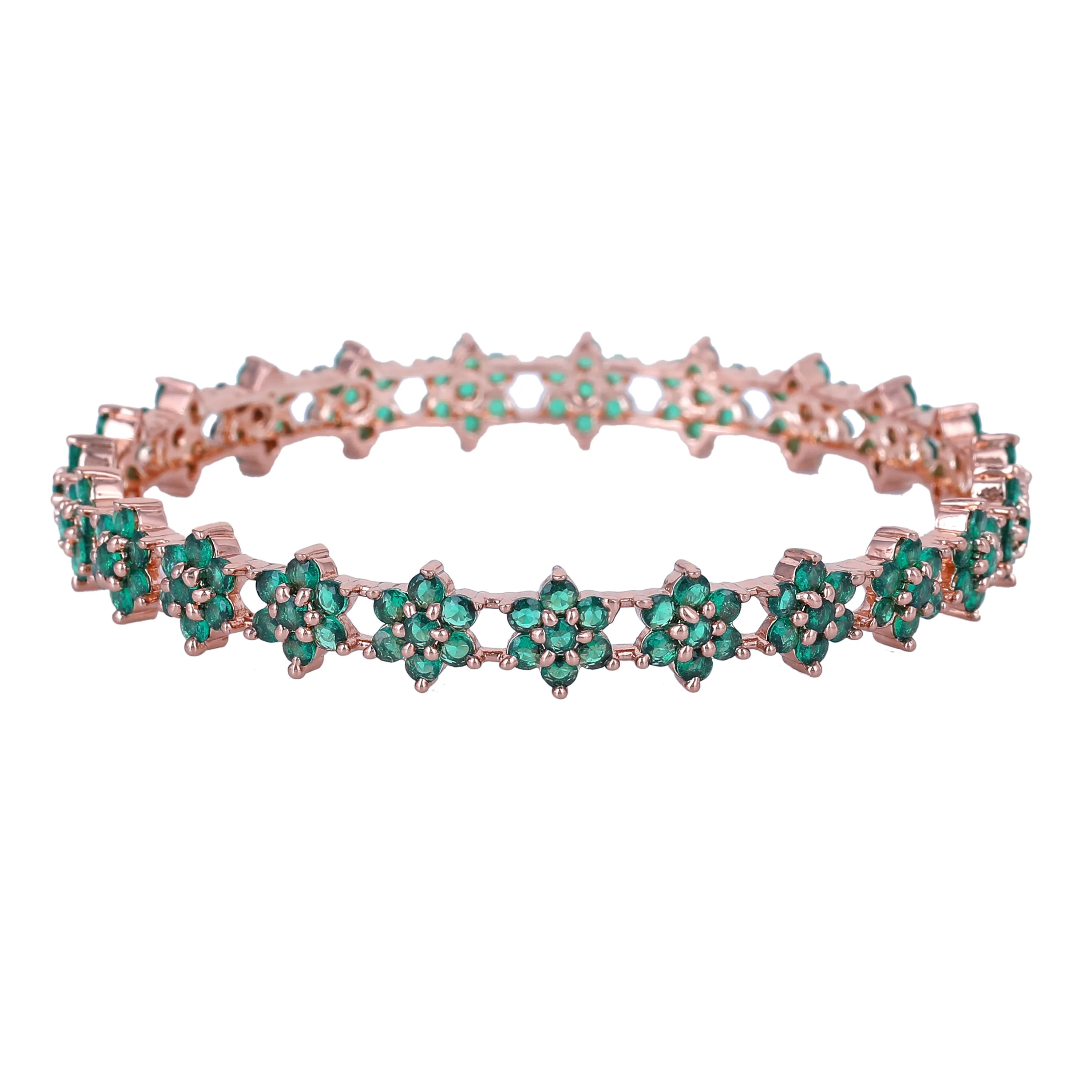 Estele Rosegold Plated Stunning Floral Motif Green American Diamond Bangles|Available in 2:4, 2:6, & 2:8 Sizes |A Sparkling Choice for Womens Classic Look