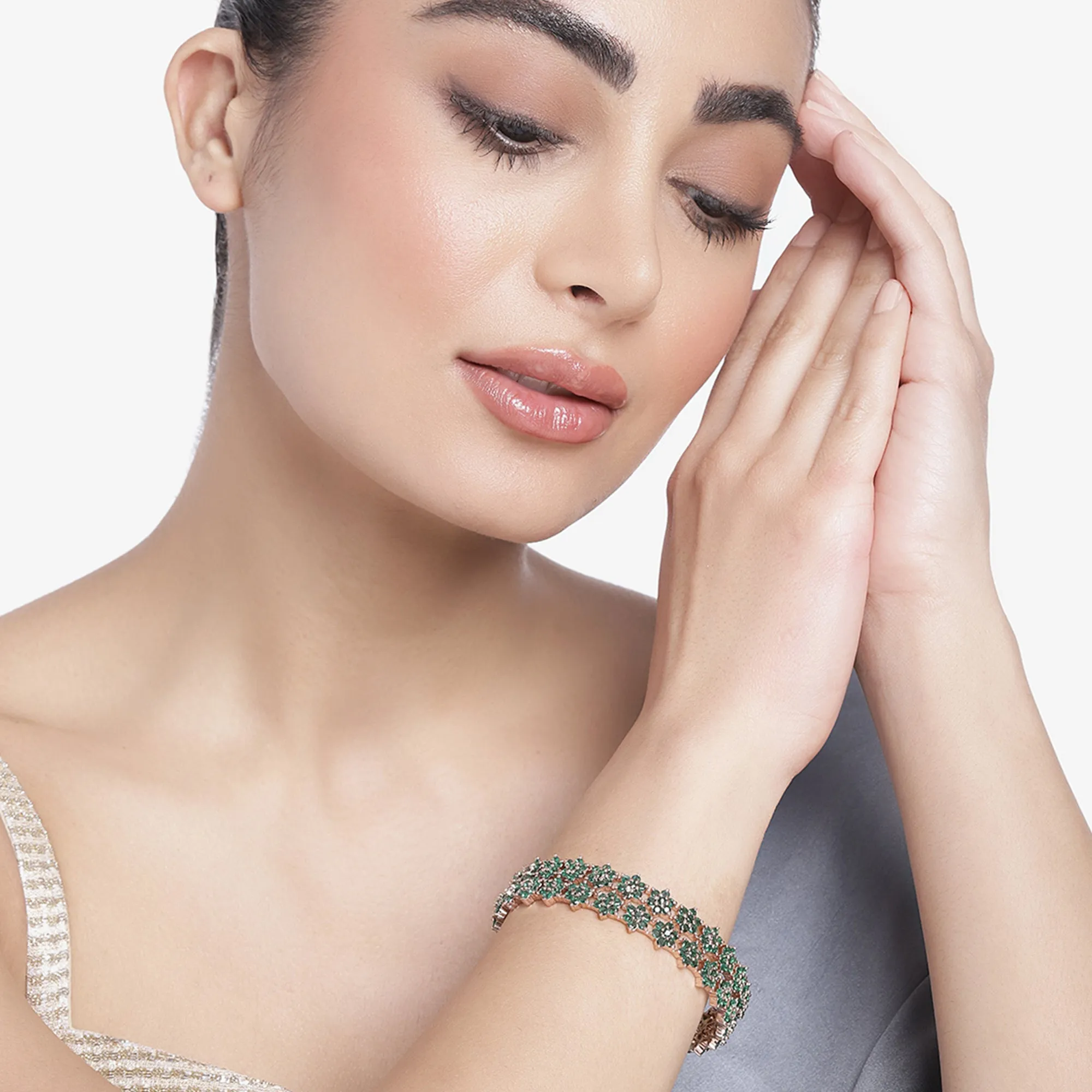 Estele Rosegold Plated Stunning Floral Motif Green American Diamond Bangles|Available in 2:4, 2:6, & 2:8 Sizes |A Sparkling Choice for Womens Classic Look