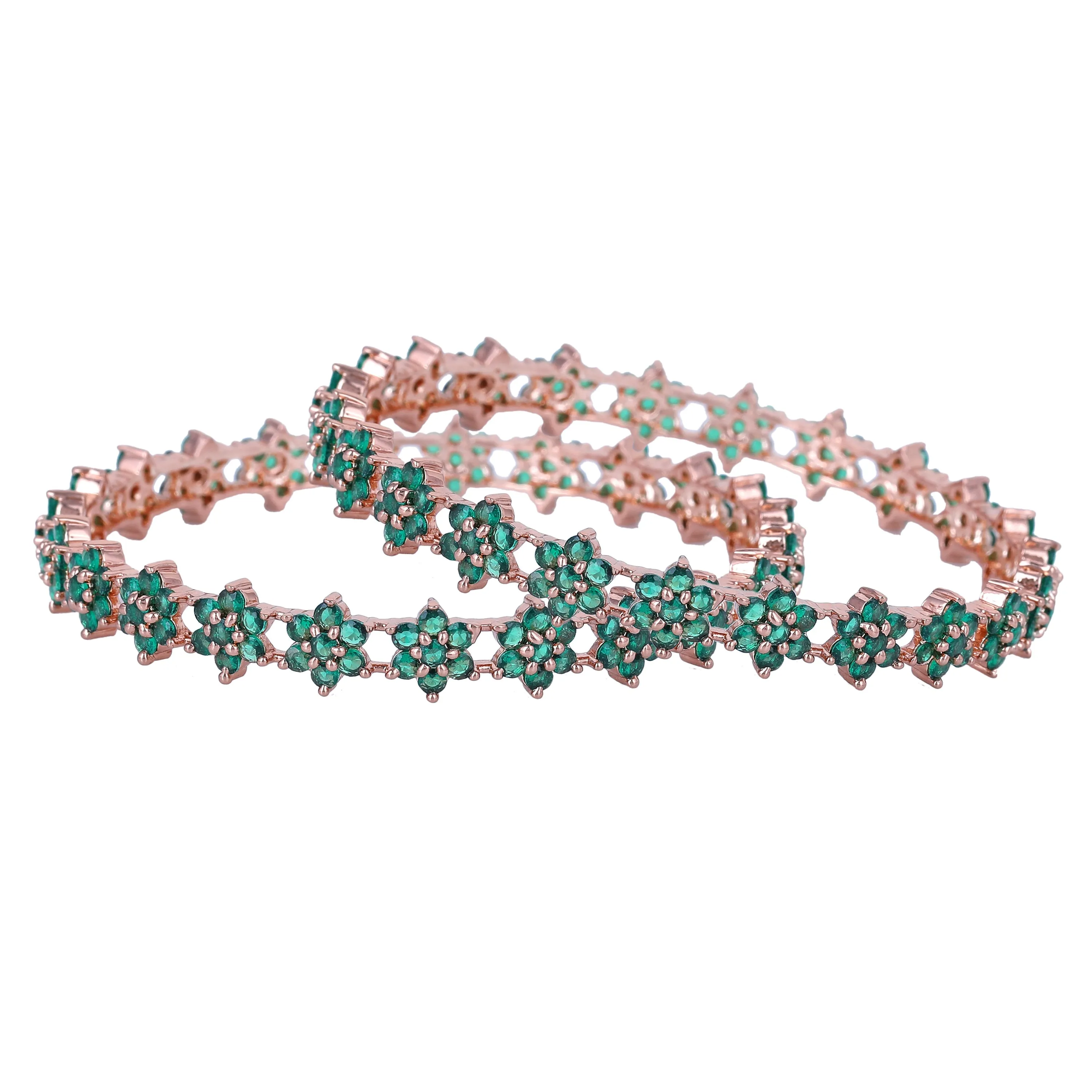 Estele Rosegold Plated Stunning Floral Motif Green American Diamond Bangles|Available in 2:4, 2:6, & 2:8 Sizes |A Sparkling Choice for Womens Classic Look