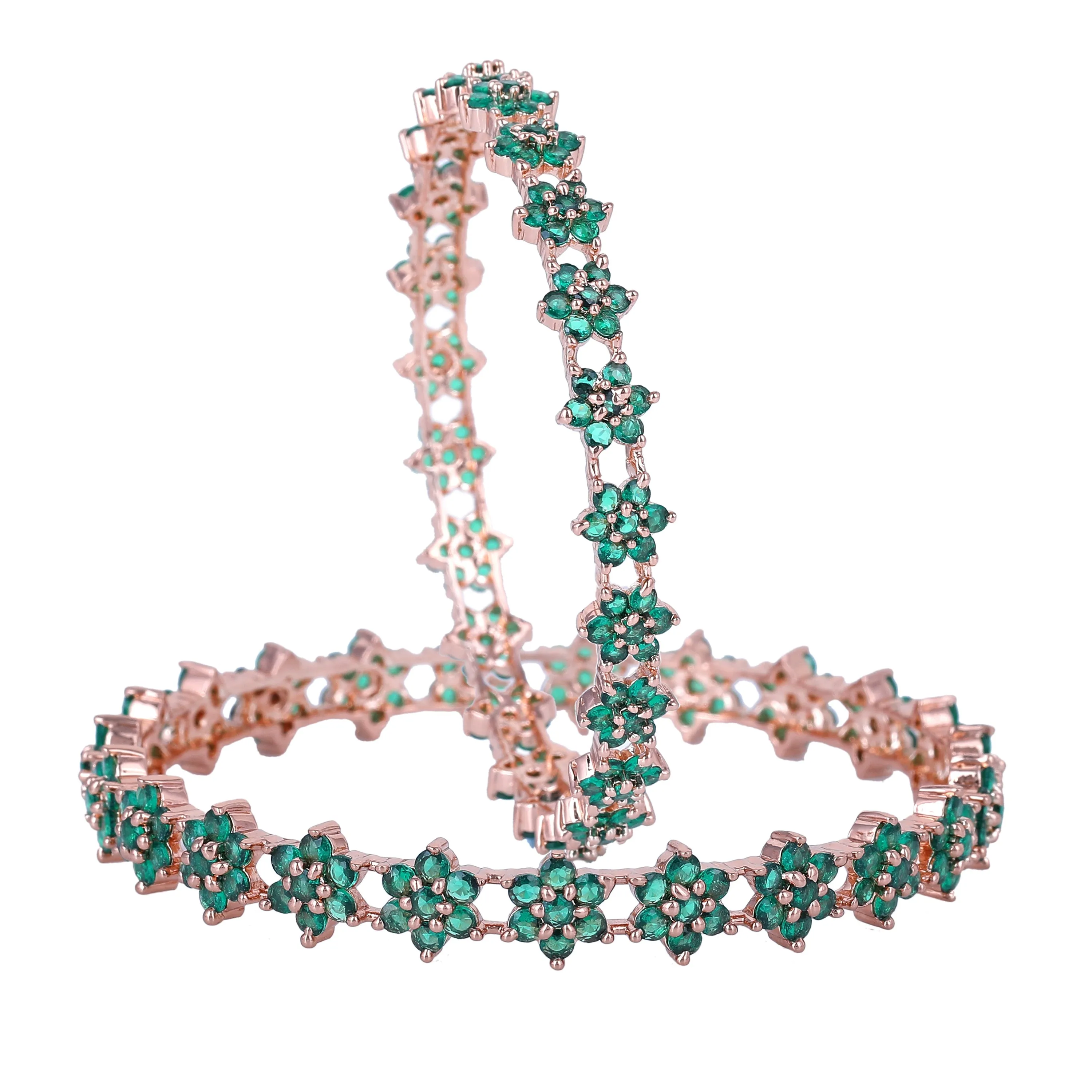Estele Rosegold Plated Stunning Floral Motif Green American Diamond Bangles|Available in 2:4, 2:6, & 2:8 Sizes |A Sparkling Choice for Womens Classic Look