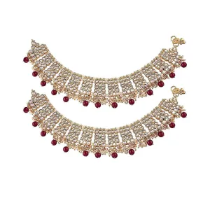 Etnico Gold Plated Kundan & pearl Studded Adjustable Bridal Anklets/Payal For Women/Girls (A022M)