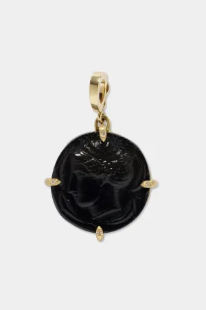 Goddess Black Venetian Glass Coin Charm, Yellow Gold