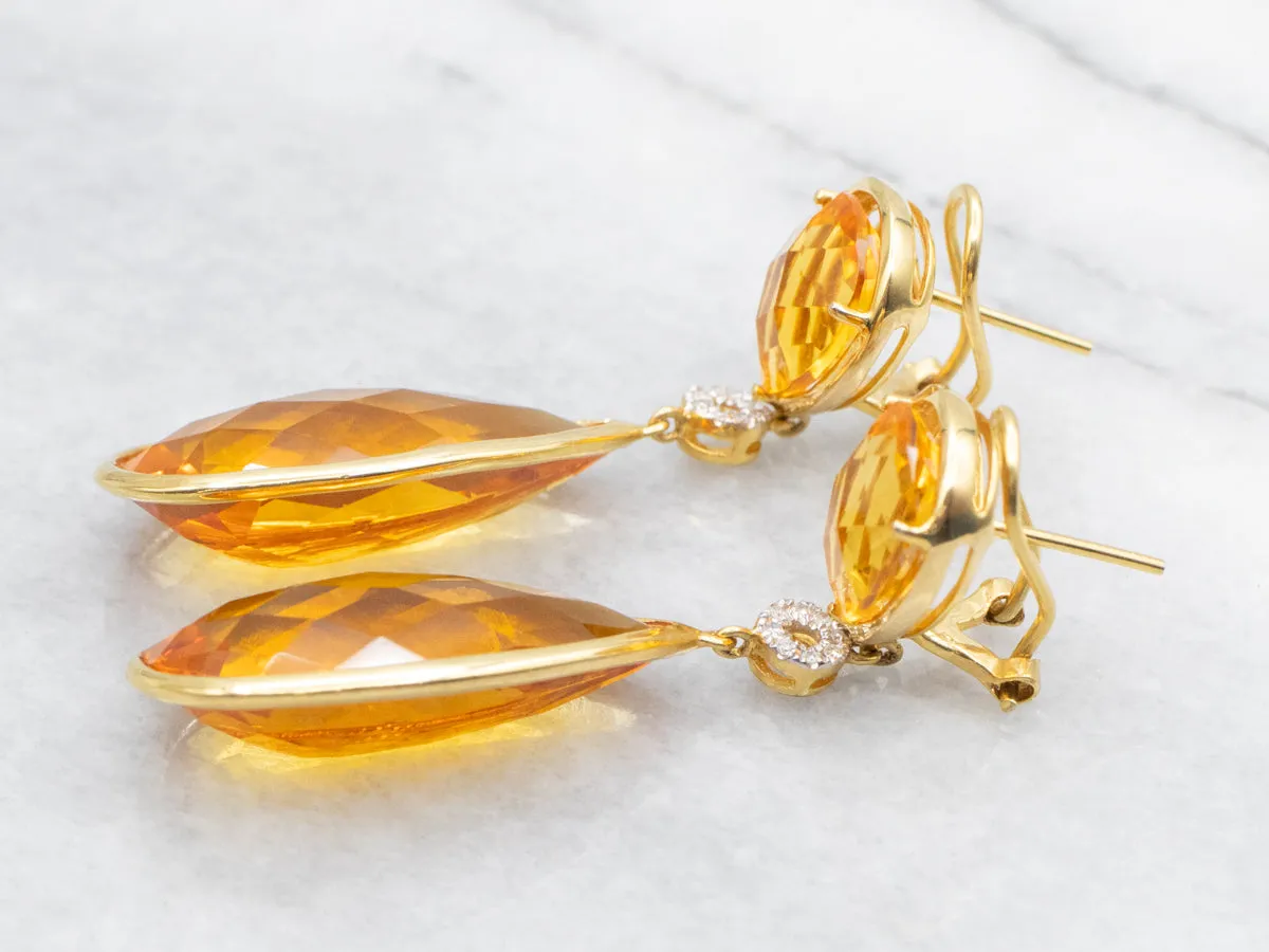 Gold Teardrop Citrine and Diamond Drop Earrings