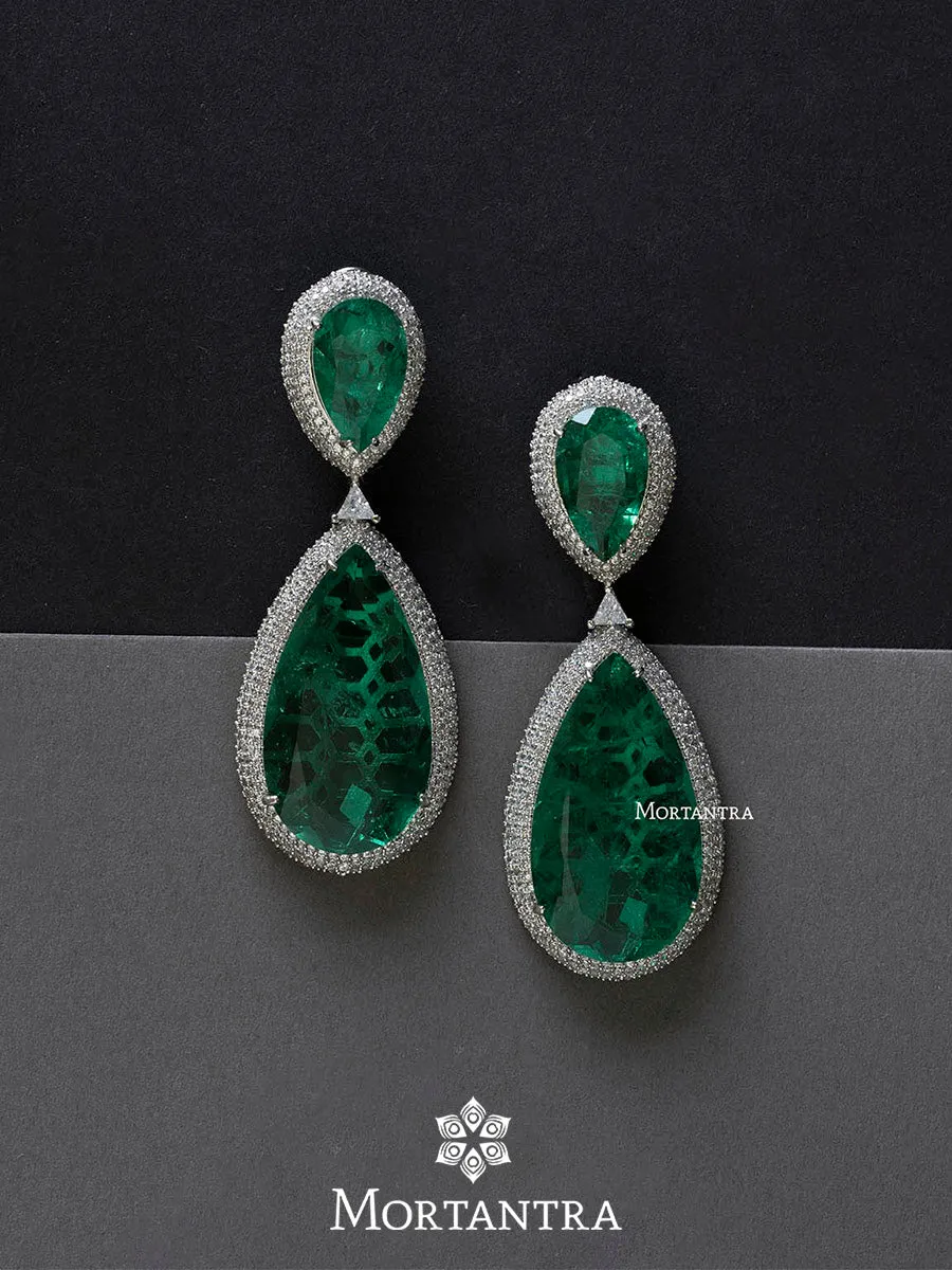Green Color Silver Plated Faux Diamond Earrings - CZEAR457GR