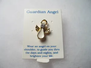 Guardian Angel, Blue Rhinestone, White Enameled, Goldtone Tack pin - New on Card, 1990s