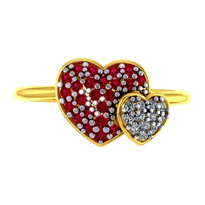 Heart Shaped 22k Gold Ring With American Diamond And Ruby Detailing