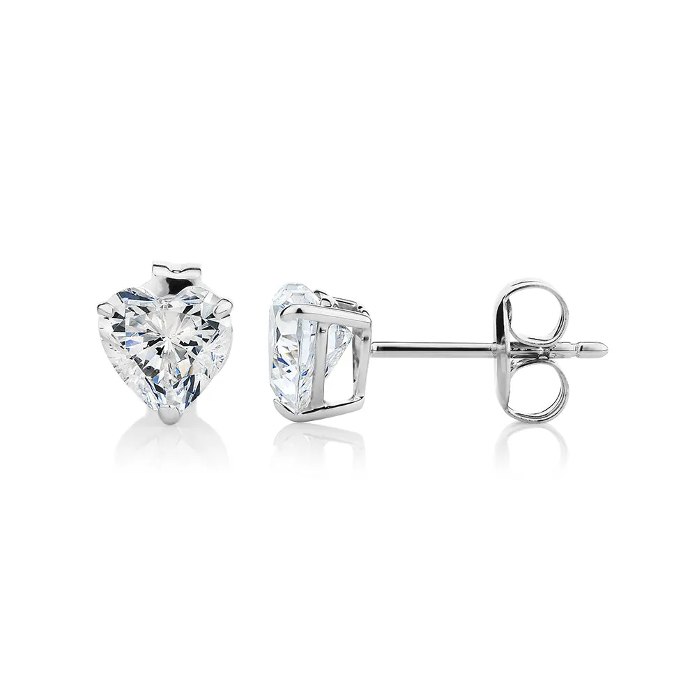Heart stud earrings with 2 carats* of diamond simulants in 10 carat white gold
