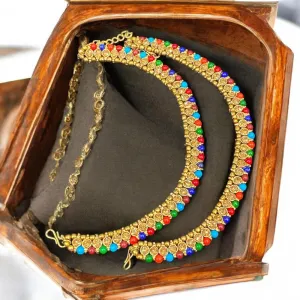 Hira Collections Traditional Gold Plated Beaded Austrian Stones Payal Anklets