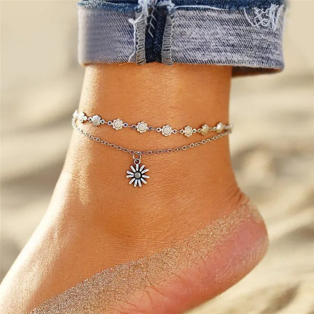 IF YOU Bohemia Sunflower Summer Beach Multilayer Anklets For Women BOHO Foot Chain Anklet Jewelry Bracelet On Leg 2019 New Trend