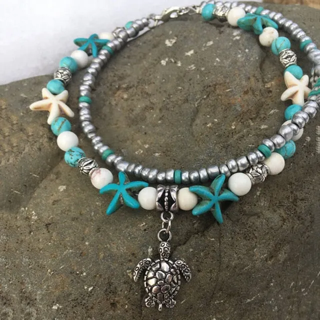 IF YOU Fashion Sea Turtles Imitation Pearls Starfish Charms Bracelets Anklets For Women Bohemian Summer Foot Chain Jewelry Gifts