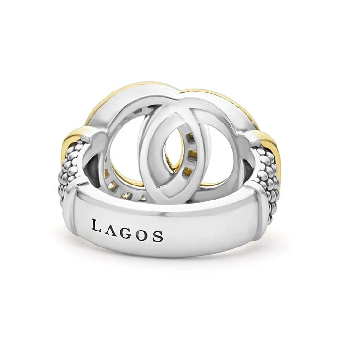 LAGOS Signature Caviar Two Tone Interlocking Diamond Ring in Sterling Silver and 18K Yellow Gold, Size 6