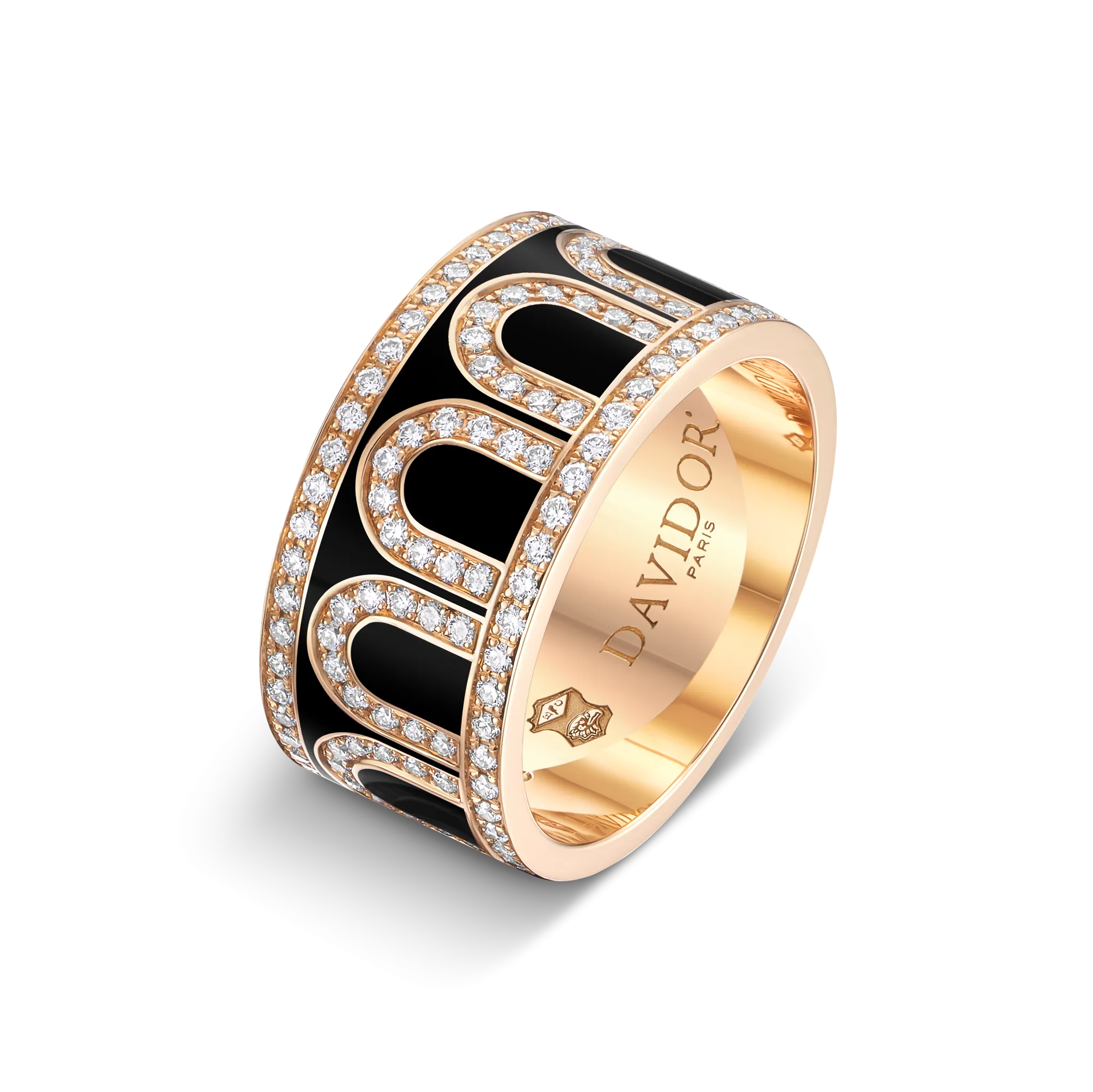L'Arc de DAVIDOR Ring GM, 18k Rose Gold with Caviar Lacquered Ceramic and Palais Diamonds