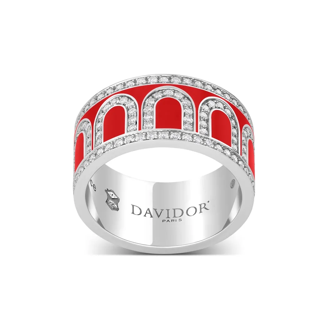 L'Arc de DAVIDOR Ring GM, 18k White Gold with Fraise Lacquered Ceramic and Palais Diamonds