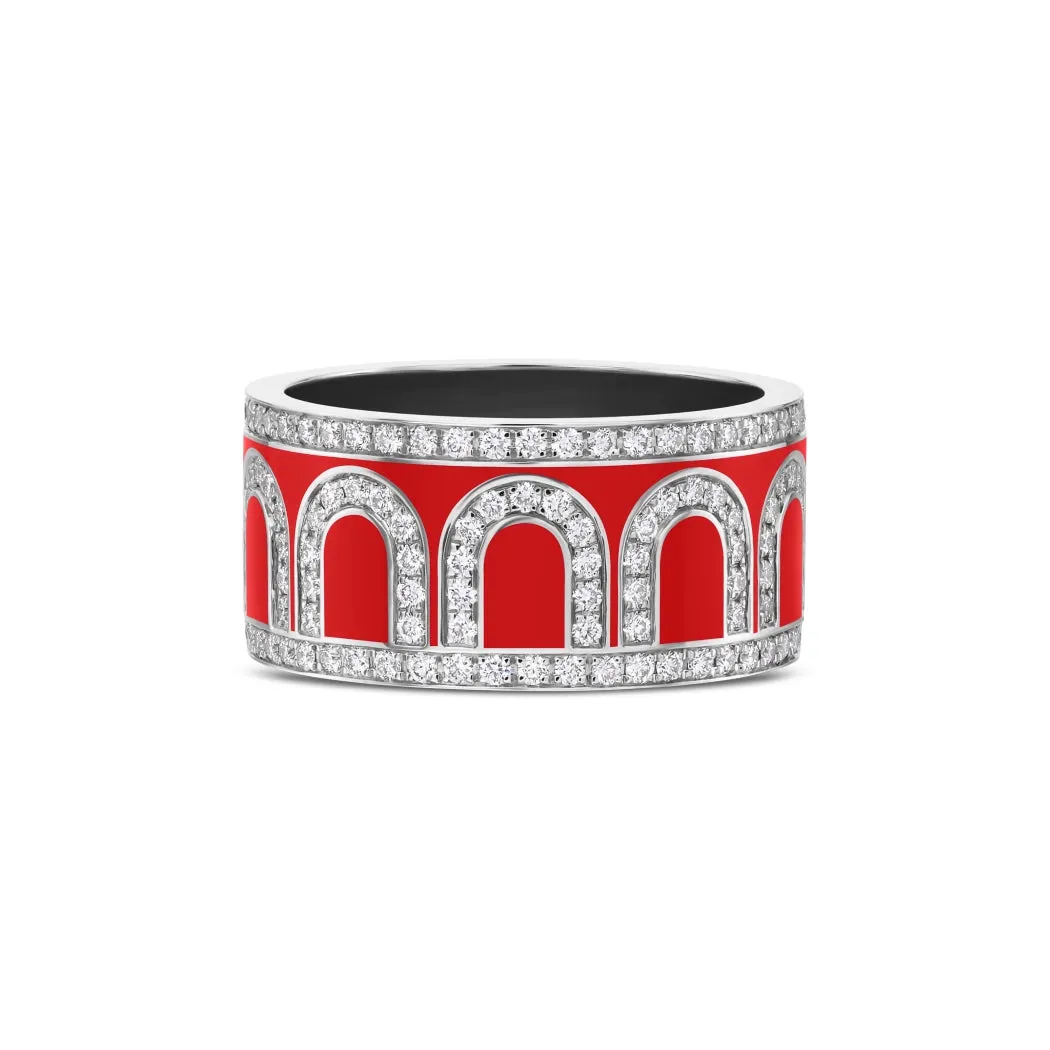 L'Arc de DAVIDOR Ring GM, 18k White Gold with Fraise Lacquered Ceramic and Palais Diamonds