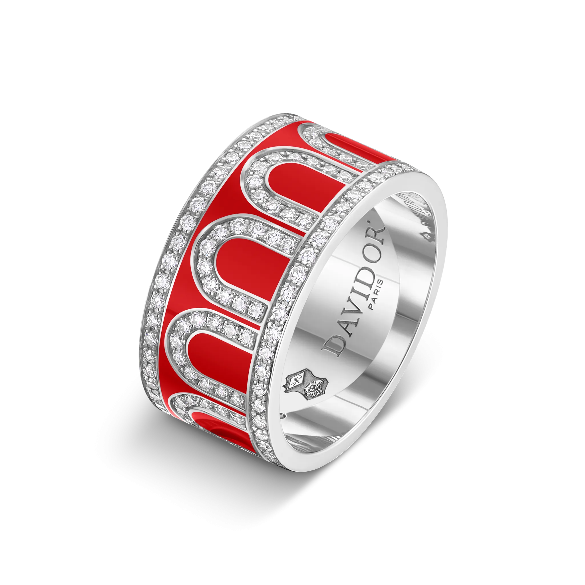 L'Arc de DAVIDOR Ring GM, 18k White Gold with Fraise Lacquered Ceramic and Palais Diamonds