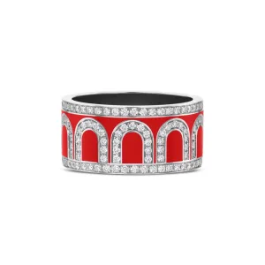 L'Arc de DAVIDOR Ring GM, 18k White Gold with Fraise Lacquered Ceramic and Palais Diamonds