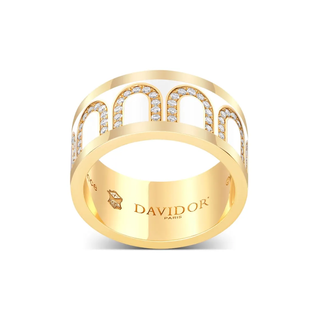 L'Arc de DAVIDOR Ring GM, 18k Yellow Gold with Neige Lacquered Ceramic and Arcade Diamonds