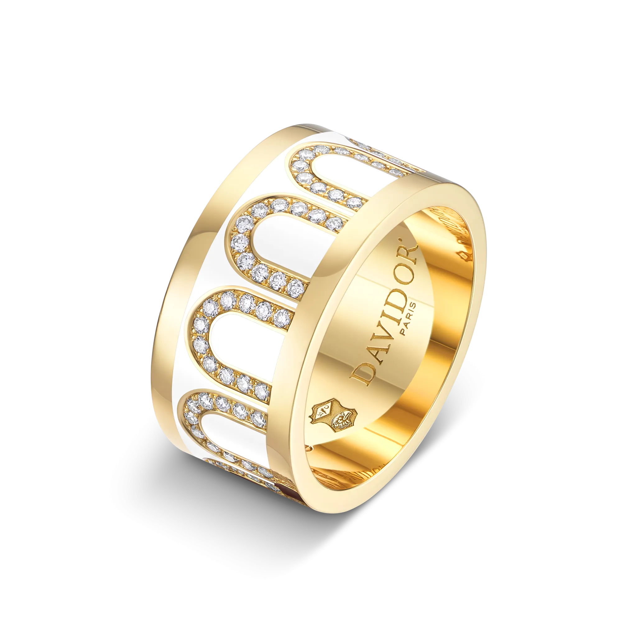 L'Arc de DAVIDOR Ring GM, 18k Yellow Gold with Neige Lacquered Ceramic and Arcade Diamonds