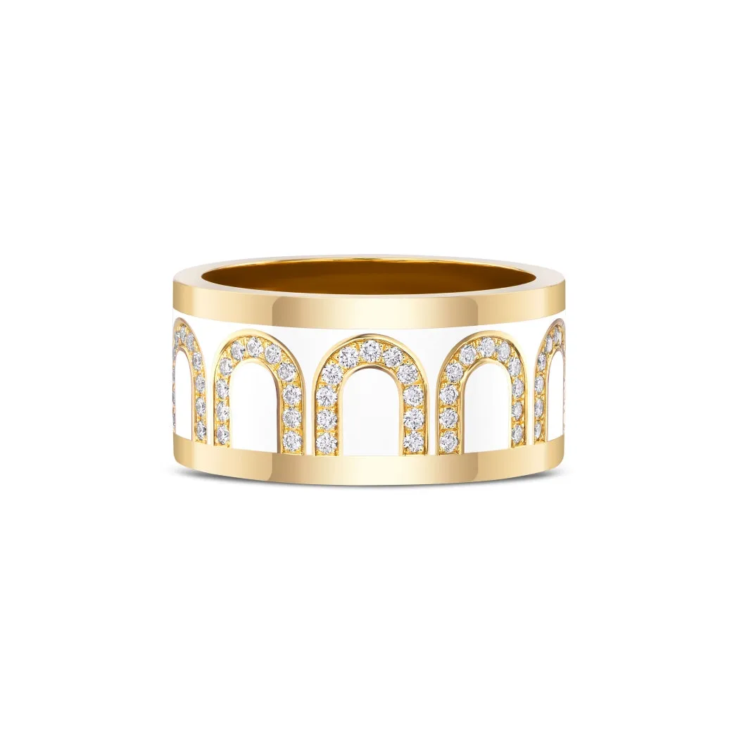 L'Arc de DAVIDOR Ring GM, 18k Yellow Gold with Neige Lacquered Ceramic and Arcade Diamonds
