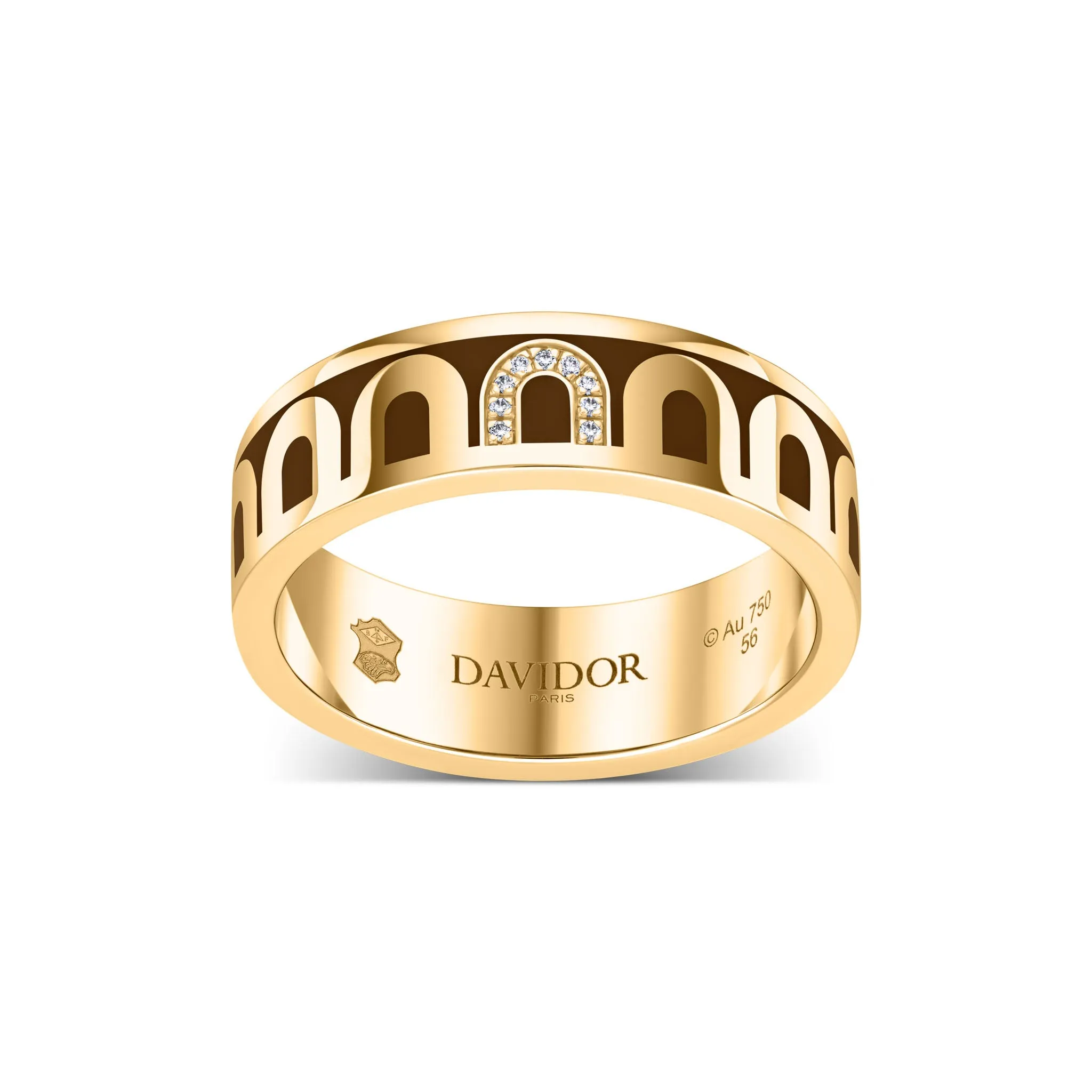 LArc de DAVIDOR Ring MM, 18k Yellow Gold with Cognac Lacquered Ceramic and Porta Simple Diamonds