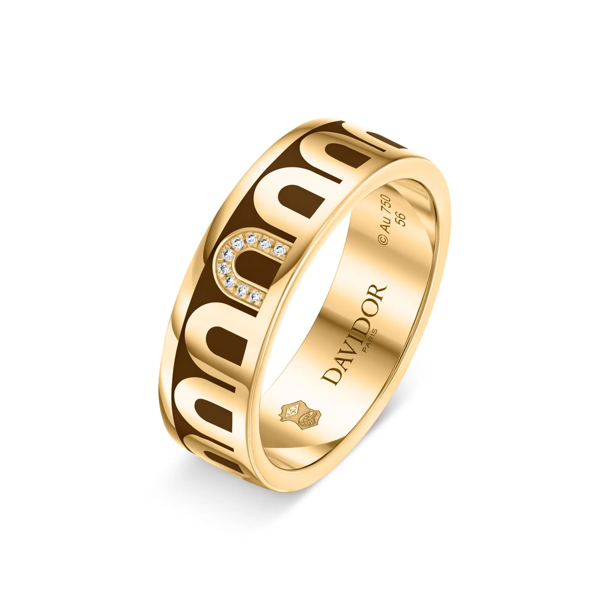 LArc de DAVIDOR Ring MM, 18k Yellow Gold with Cognac Lacquered Ceramic and Porta Simple Diamonds