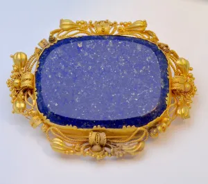 Large Victorian Lapis Lazuli Brooch with Woven Hair