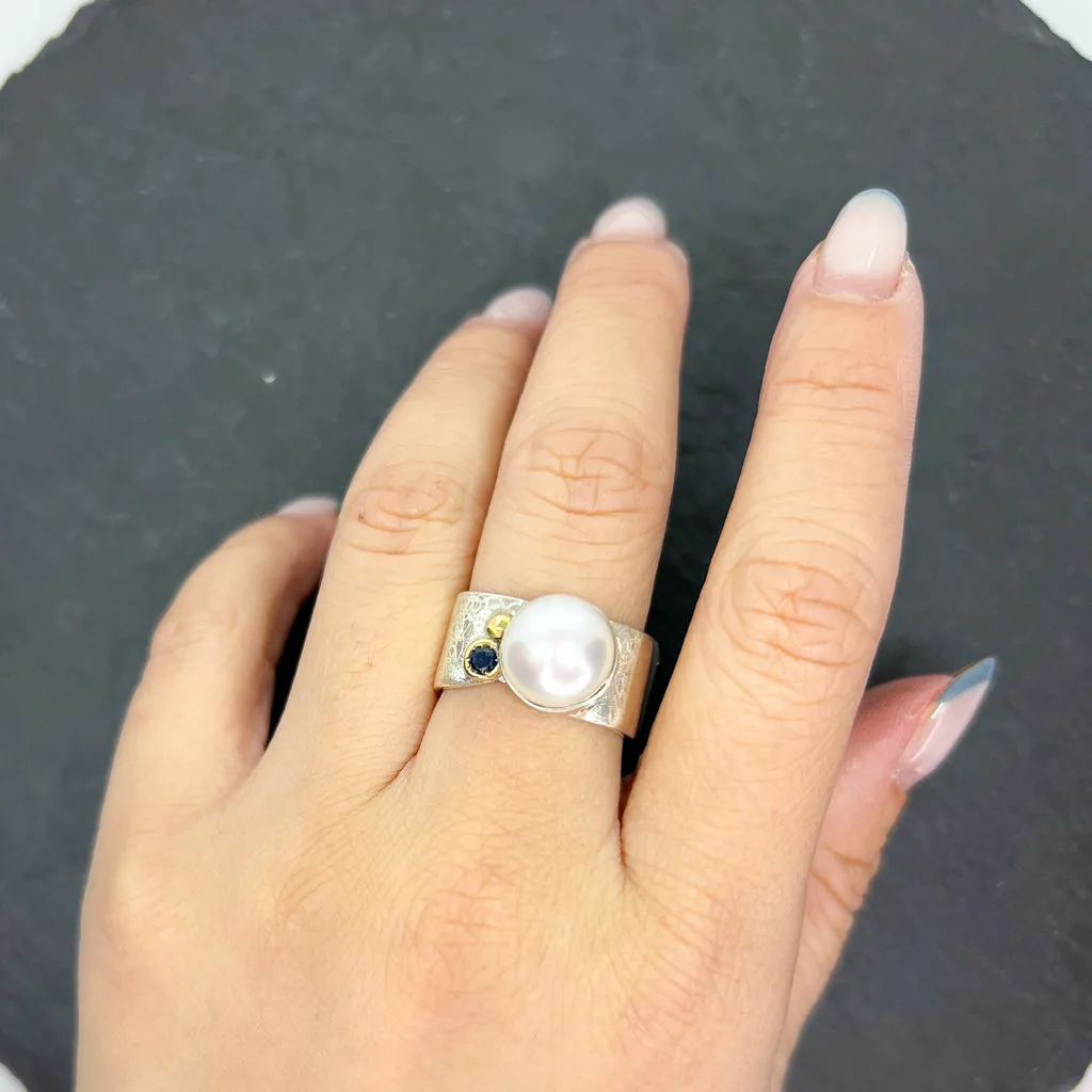 Mab Pearl & Blue Sapphire Wide Square Ring