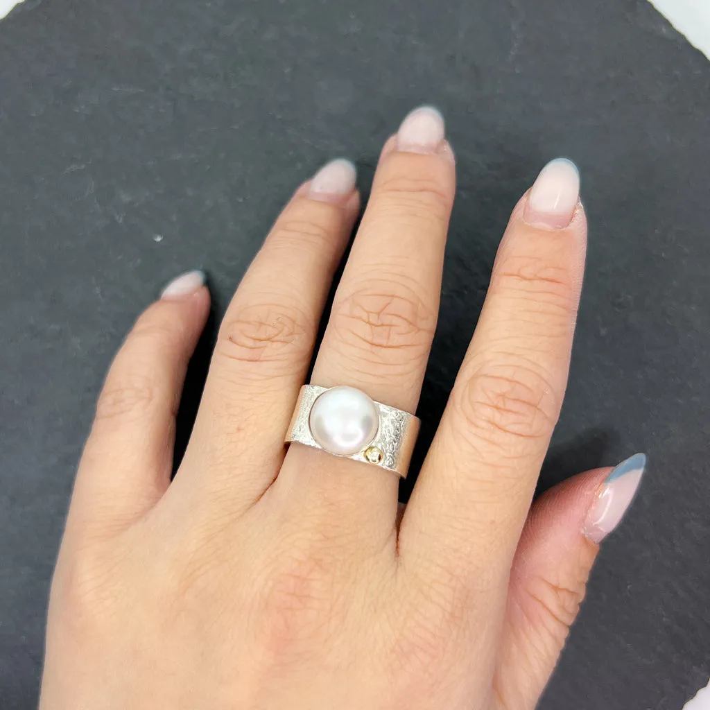 Mab Pearl & Gold Ring Wide Square Stacking Ring