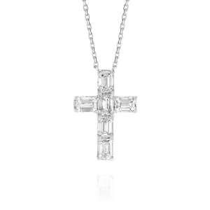 Medium Emerald Cut Diamond Cross Pendant White Gold