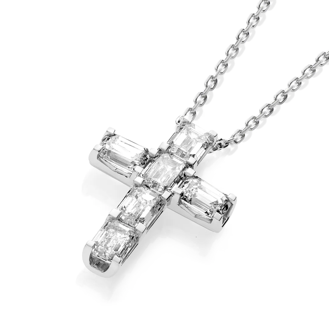 Medium Emerald Cut Diamond Cross Pendant White Gold