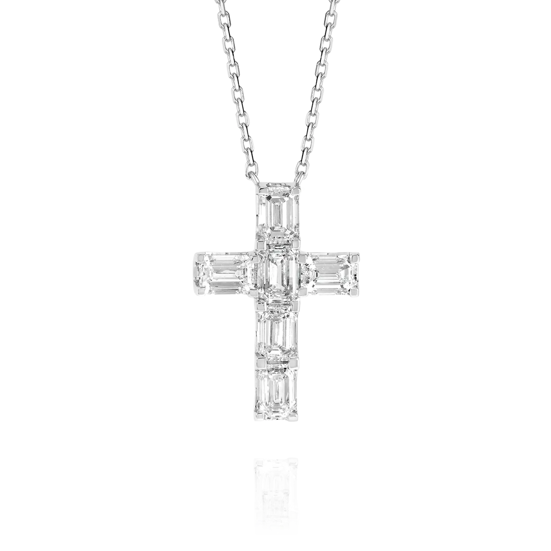 Medium Emerald Cut Diamond Cross Pendant White Gold