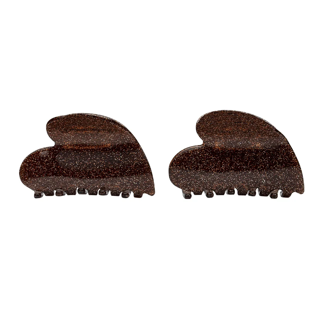 MINI GLITTER HEART CLIPS BROWN