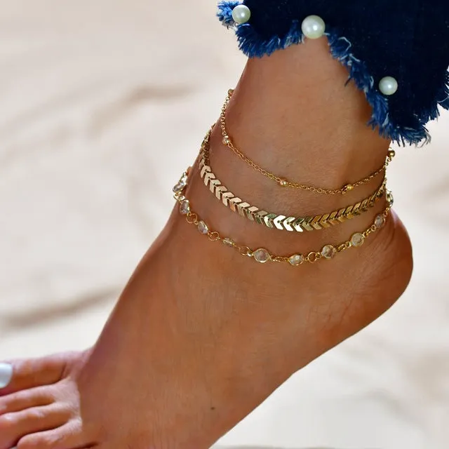 MissCyCy Fashion Crystal Anklet Set Vintage Handmade Ankle Bracelet for Women Party Summer Beach Accessories 3Pcs/Set