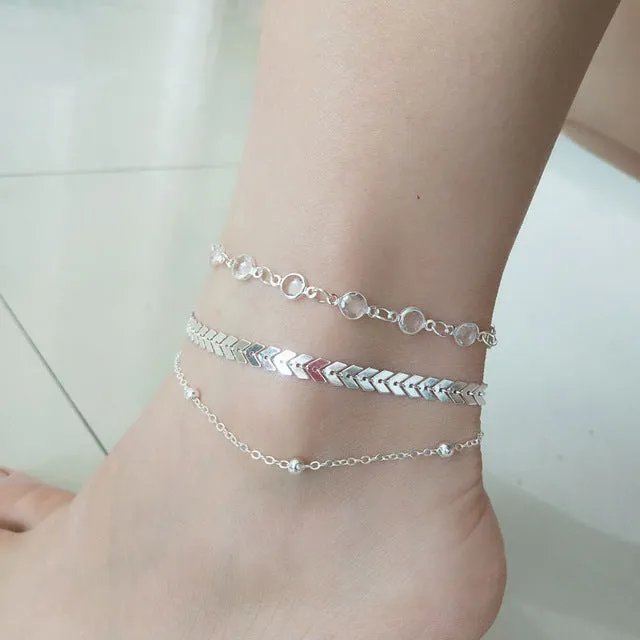 MissCyCy Fashion Crystal Anklet Set Vintage Handmade Ankle Bracelet for Women Party Summer Beach Accessories 3Pcs/Set