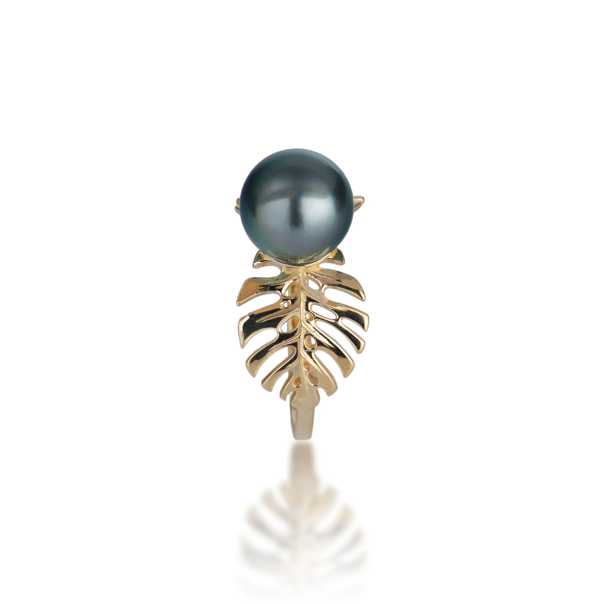Monstera Tahitian Black Pearl Ring in Gold - 8-9mm