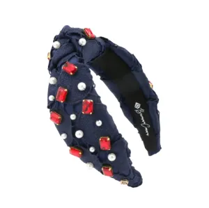 Navy Lace Headband w/ Red Crystals and Pearls