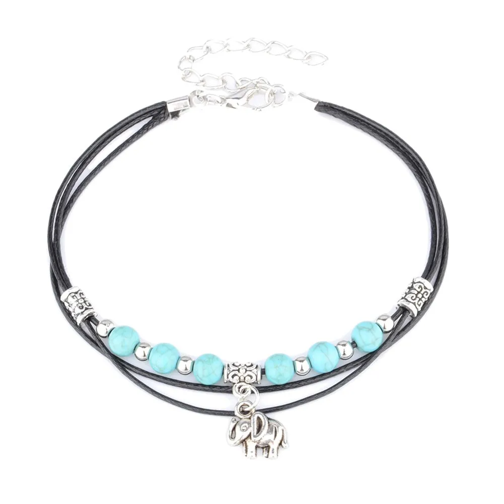 New Fashion Beach Jewelry Elephant Pendant  Beads Anklet Foot Leather Chain Ankle Bracelet Jewelry For Women